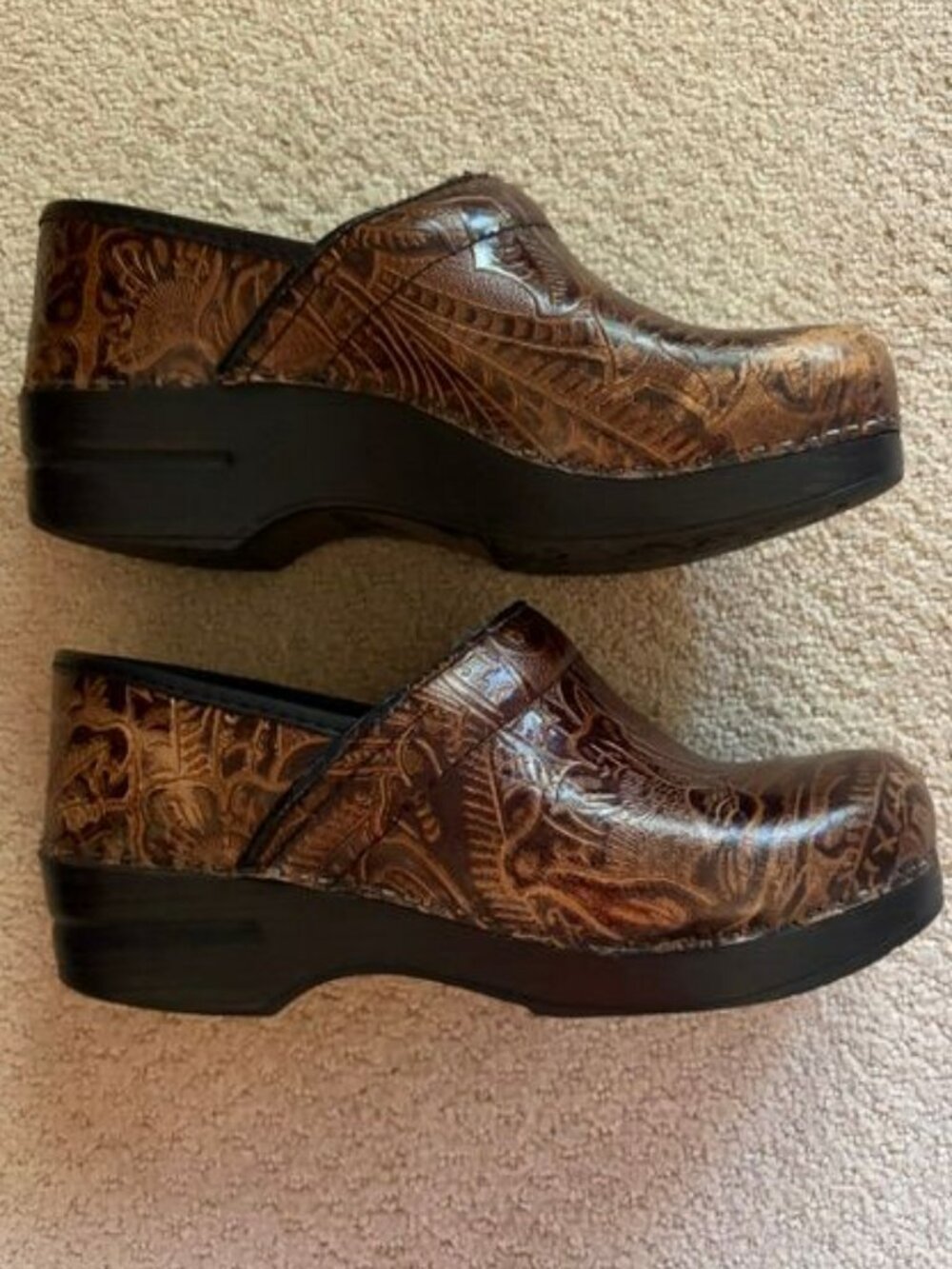 Dansko Brown Leather Tooled Clogs, AU 7.5, EU 38